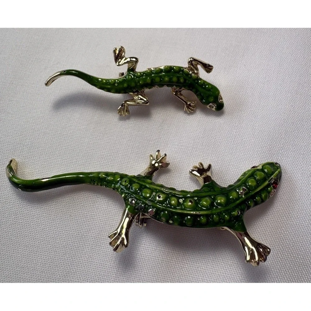 Vintage 80s Green Enamel Lizard Gecko Brooch Pin Set 2pc Mother Baby Reptile